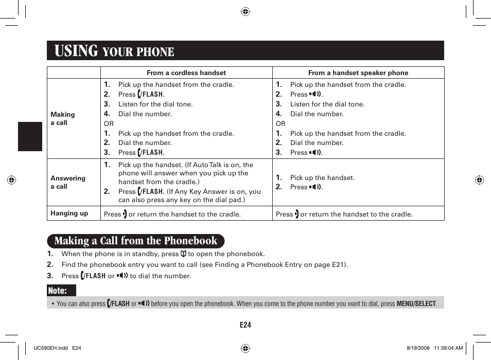 Using, Your phone, Making a call from the phonebook | Sanyo CAS-D6325 User Manual | Page 26 / 61