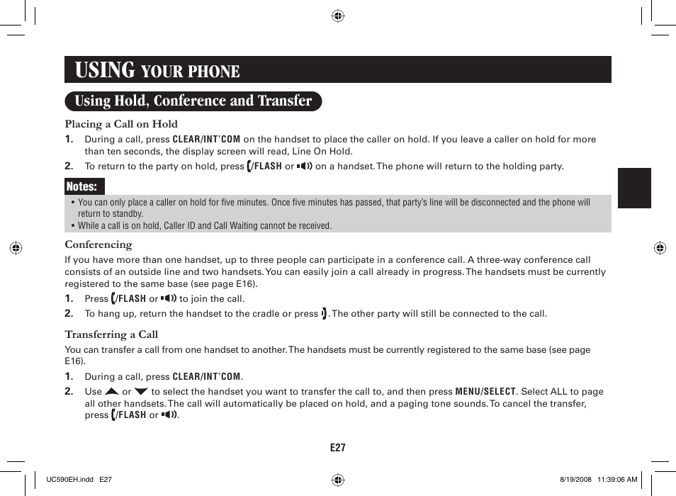 Using, Your phone, Using hold, conference and transfer | Sanyo CAS-D6325 User Manual | Page 29 / 61