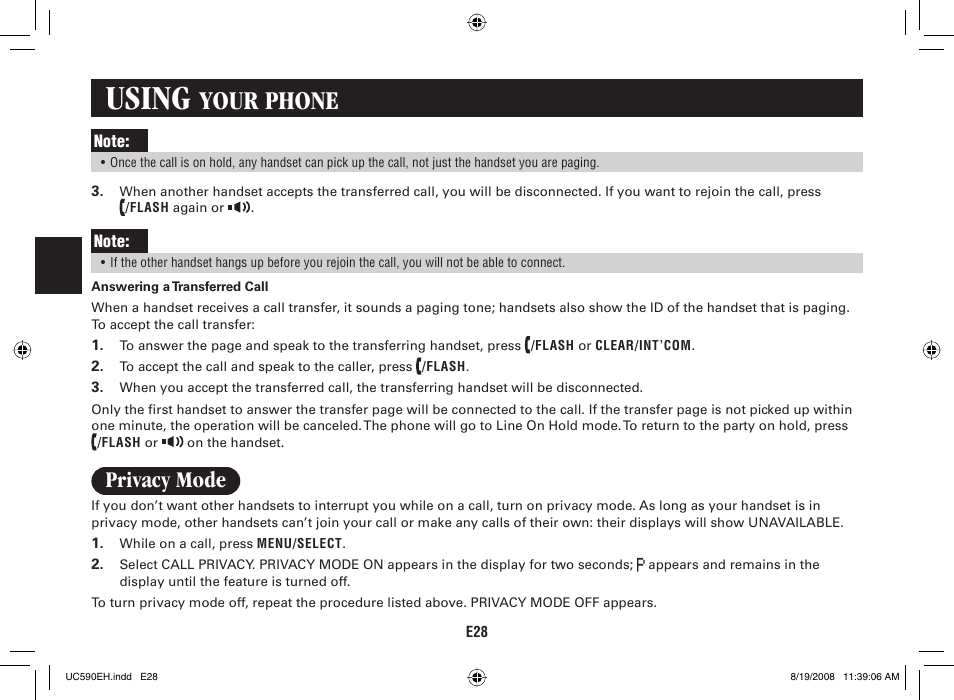 Using, Your phone, Privacy mode | Sanyo CAS-D6325 User Manual | Page 30 / 61