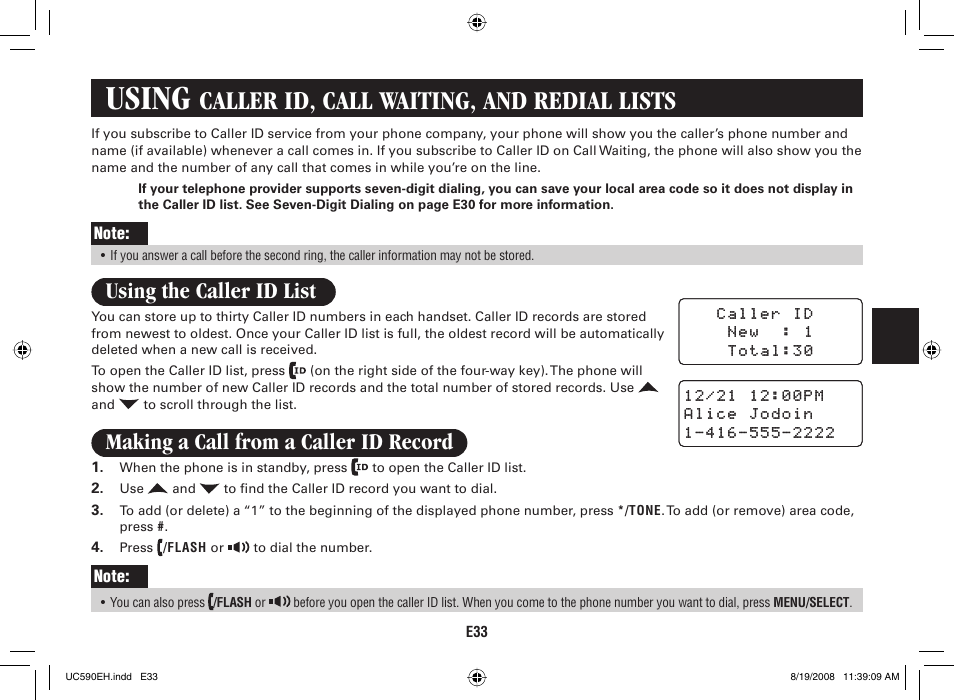 Using, Caller id, call waiting, and redial lists, Using the caller id list | Making a call from a caller id record | Sanyo CAS-D6325 User Manual | Page 35 / 61