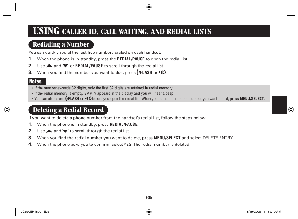 Using, Caller id, call waiting, and redial lists, Redialing a number | Deleting a redial record | Sanyo CAS-D6325 User Manual | Page 37 / 61