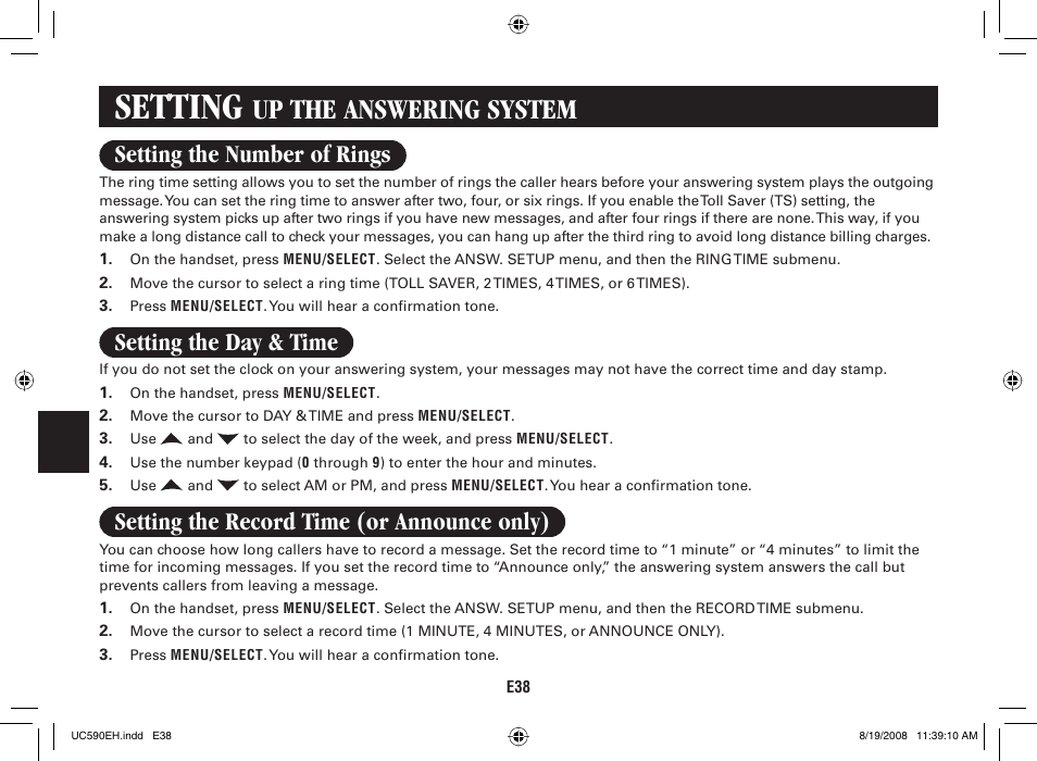 Setting, Up the answering system, Setting the number of rings | Setting the day & time, Setting the record time (or announce only) | Sanyo CAS-D6325 User Manual | Page 40 / 61