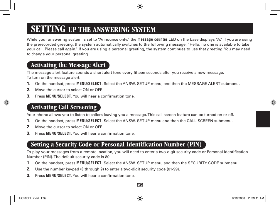 Setting, Up the answering system, Activating the message alert | Activating call screening | Sanyo CAS-D6325 User Manual | Page 41 / 61