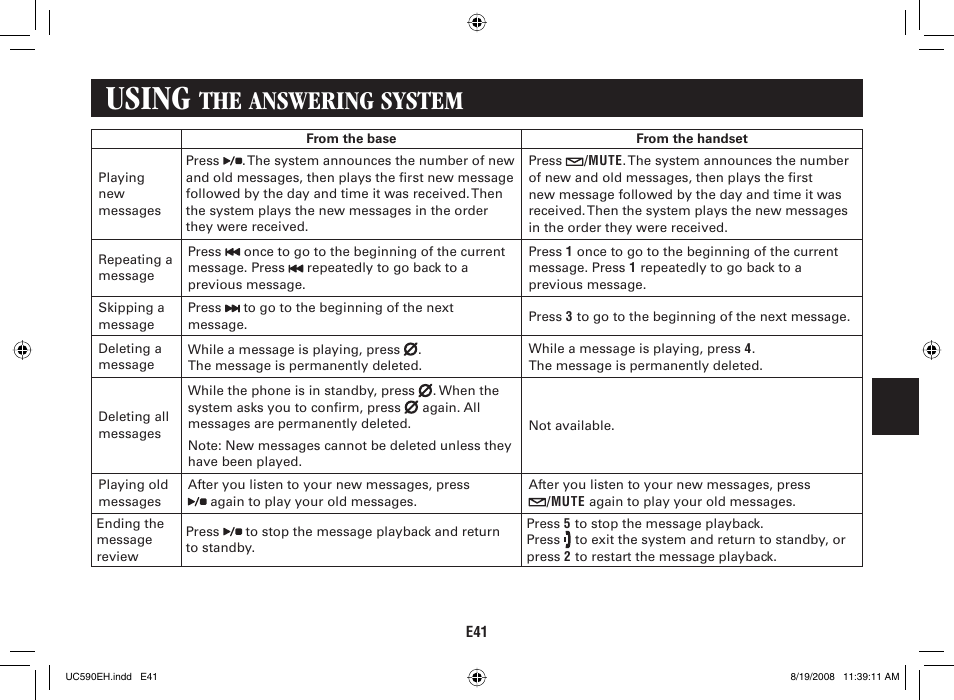 Using, The answering system | Sanyo CAS-D6325 User Manual | Page 43 / 61