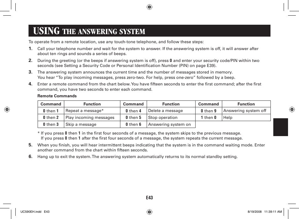 Using, The answering system | Sanyo CAS-D6325 User Manual | Page 45 / 61