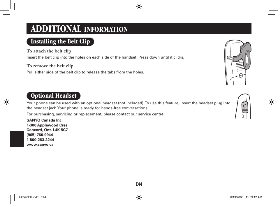 Additional, Information, Installing the belt clip | Optional headset | Sanyo CAS-D6325 User Manual | Page 46 / 61