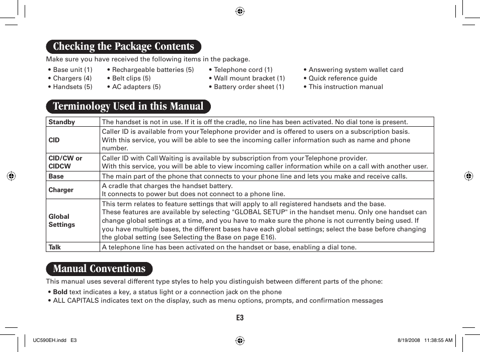 Checking the package contents, Terminology used in this manual, Manual conventions | Sanyo CAS-D6325 User Manual | Page 5 / 61