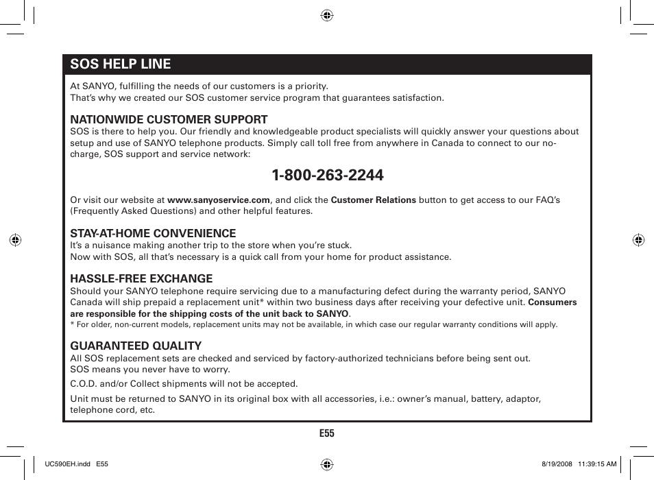 Sos help line | Sanyo CAS-D6325 User Manual | Page 57 / 61