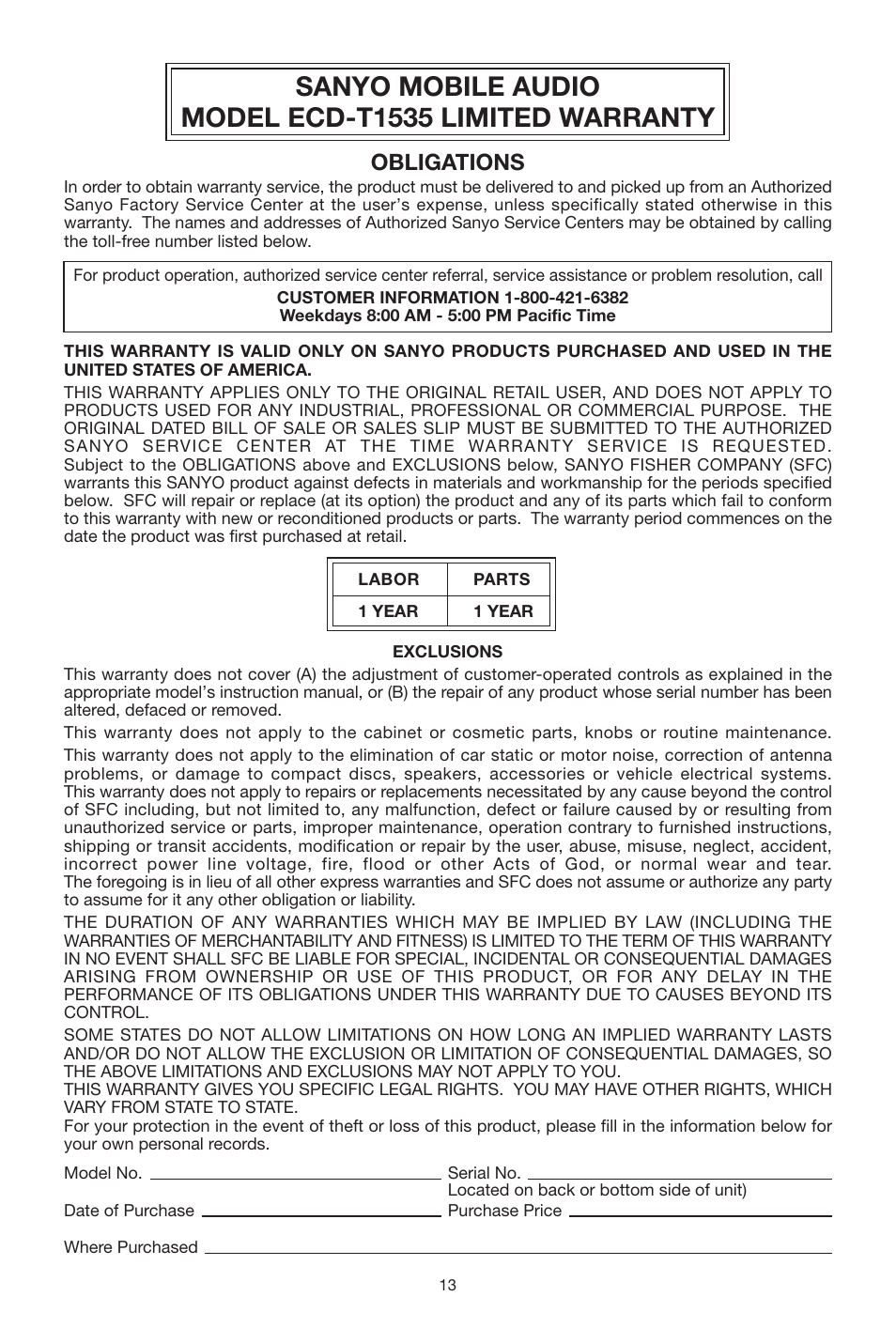 Obligations | Sanyo ECD-T1535 User Manual | Page 13 / 16