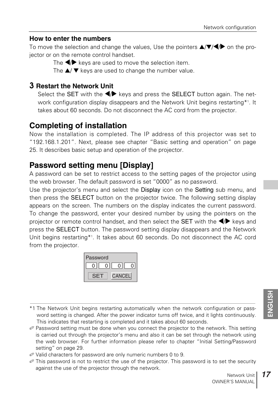 Completing of installation, Password setting menu [display | Sanyo PJ-NET ORGANIZER POA-PN10 User Manual | Page 17 / 90