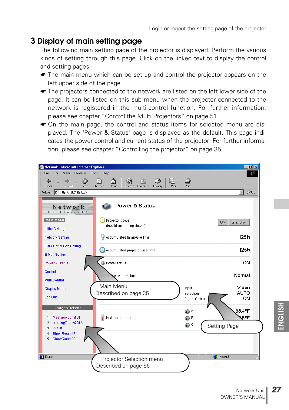 Display of main setting page | Sanyo PJ-NET ORGANIZER POA-PN10 User Manual | Page 27 / 90