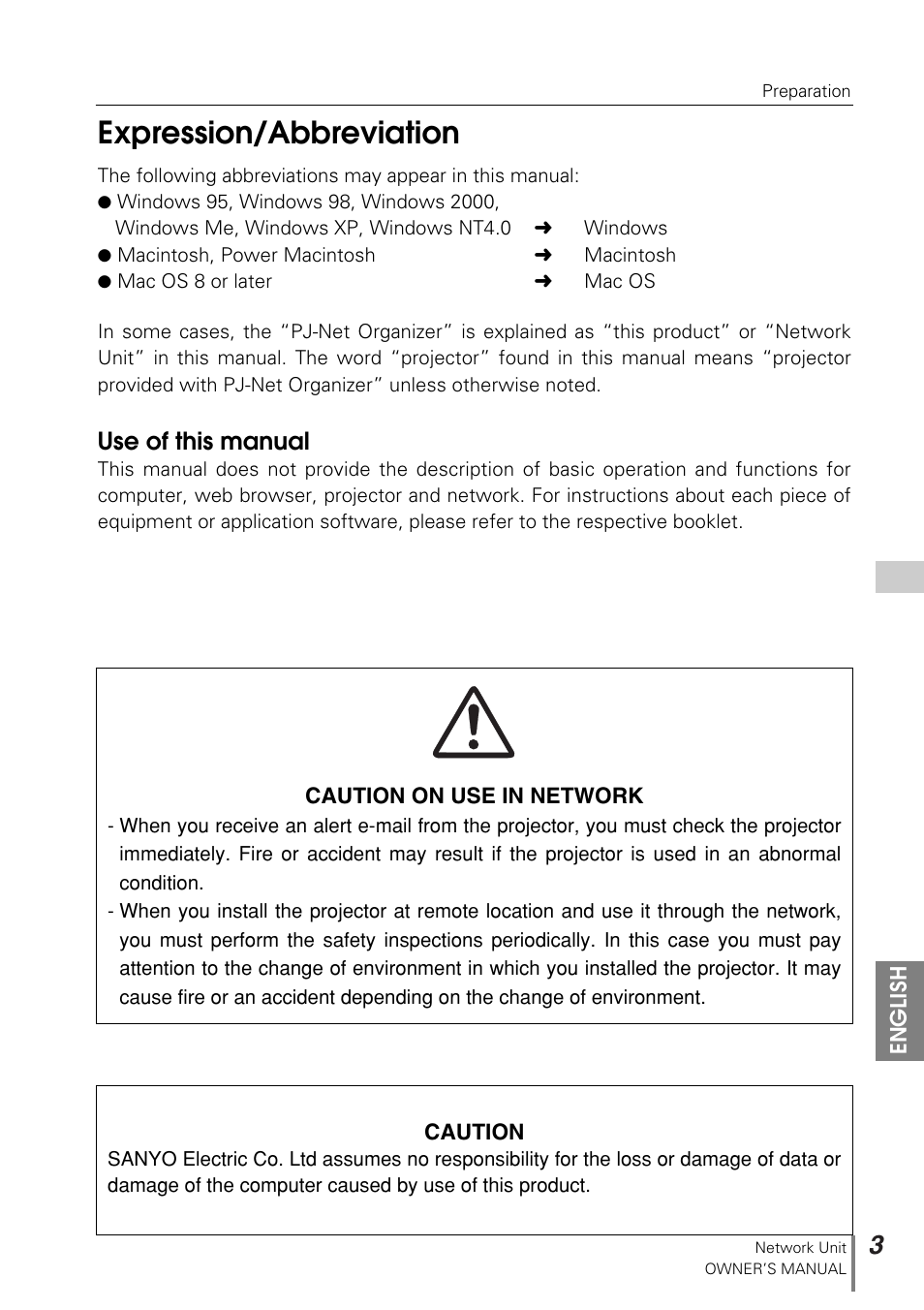 Expression/abbreviation, Use of this manual | Sanyo PJ-NET ORGANIZER POA-PN10 User Manual | Page 3 / 90