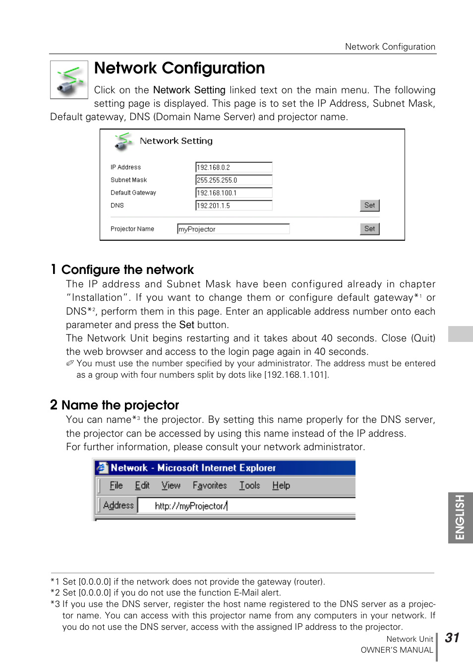 Network configuration, Configure the network, Name the projector | Sanyo PJ-NET ORGANIZER POA-PN10 User Manual | Page 31 / 90