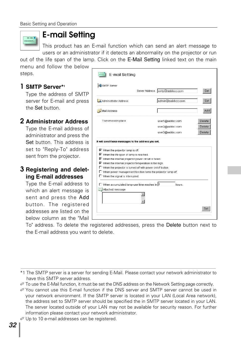 E-mail setting | Sanyo PJ-NET ORGANIZER POA-PN10 User Manual | Page 32 / 90