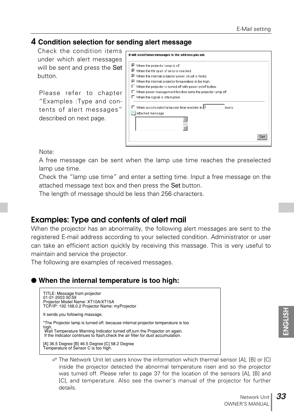 Examples: type and contents of alert mail | Sanyo PJ-NET ORGANIZER POA-PN10 User Manual | Page 33 / 90