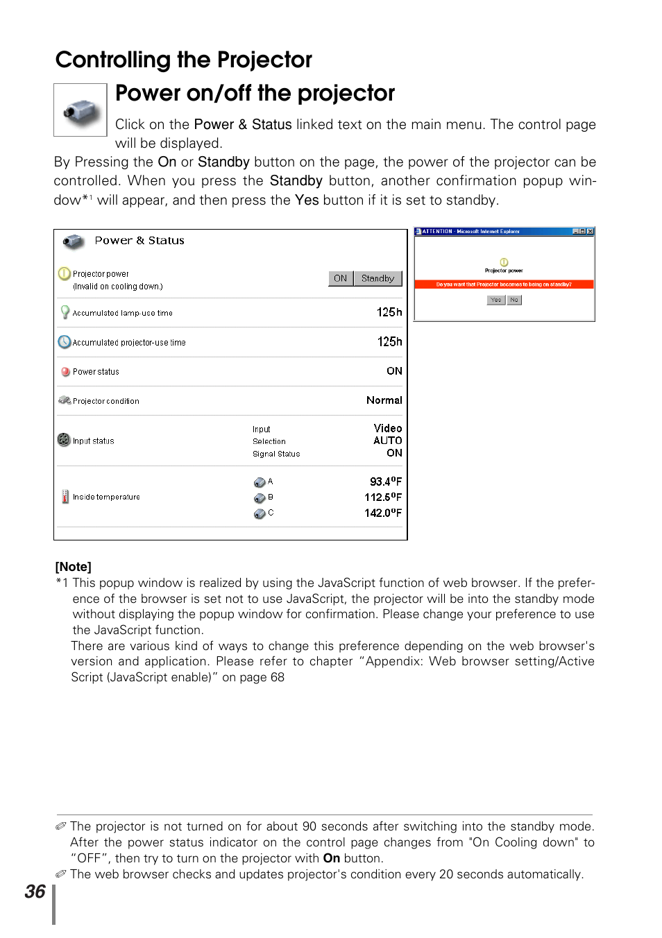 Controlling the projector, Power on/off the projector | Sanyo PJ-NET ORGANIZER POA-PN10 User Manual | Page 36 / 90