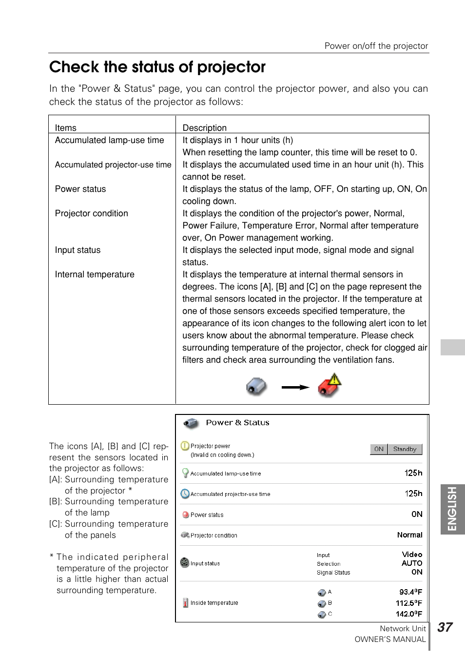 Check the status of projector | Sanyo PJ-NET ORGANIZER POA-PN10 User Manual | Page 37 / 90