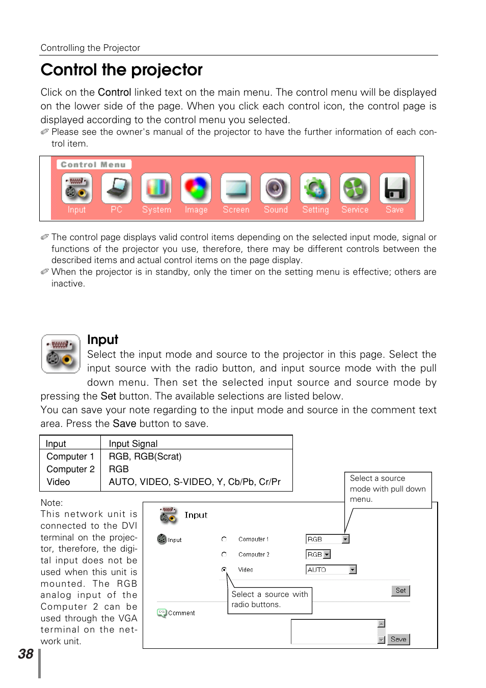 Control the projector, Input | Sanyo PJ-NET ORGANIZER POA-PN10 User Manual | Page 38 / 90