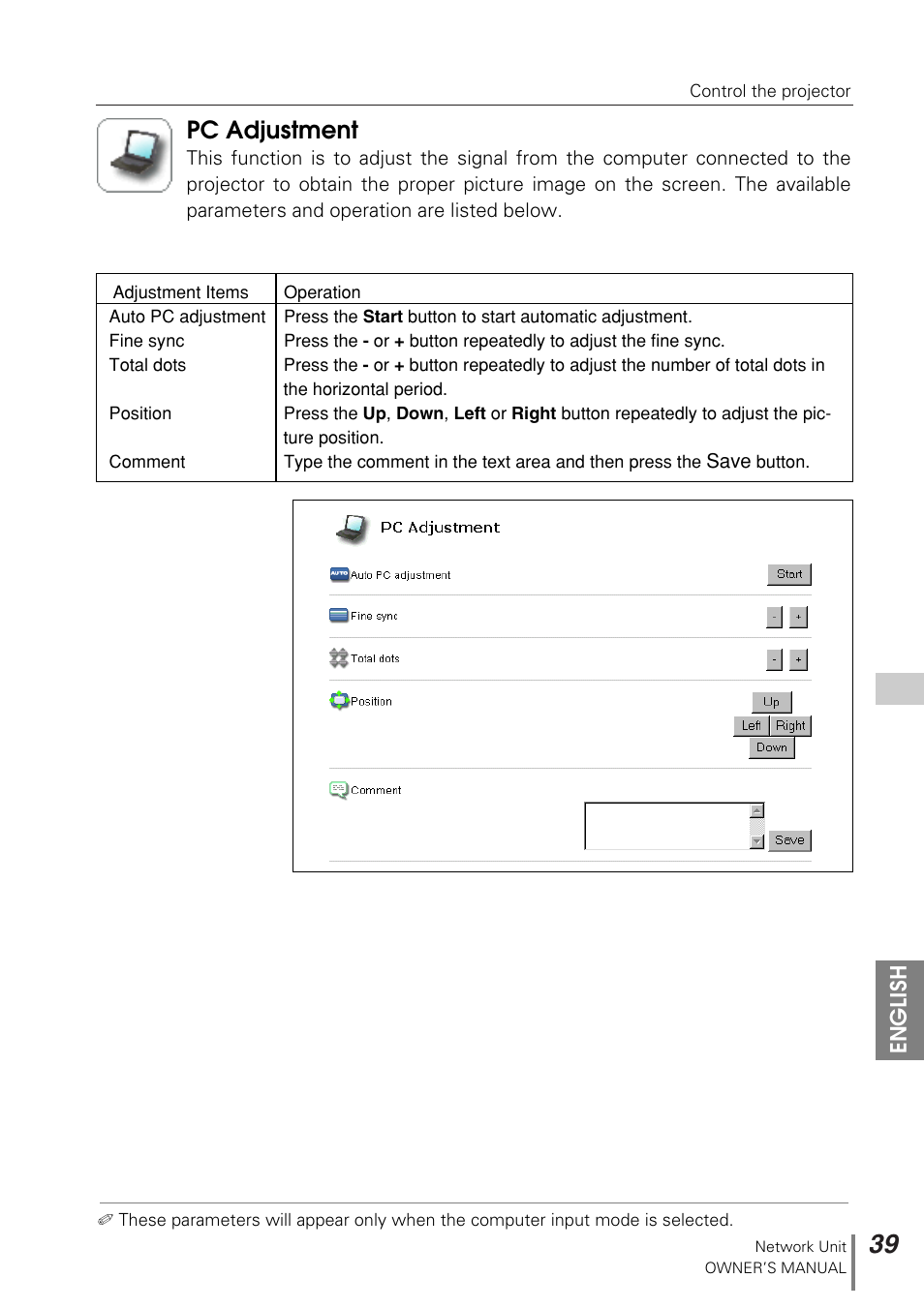 Pc adjustment | Sanyo PJ-NET ORGANIZER POA-PN10 User Manual | Page 39 / 90