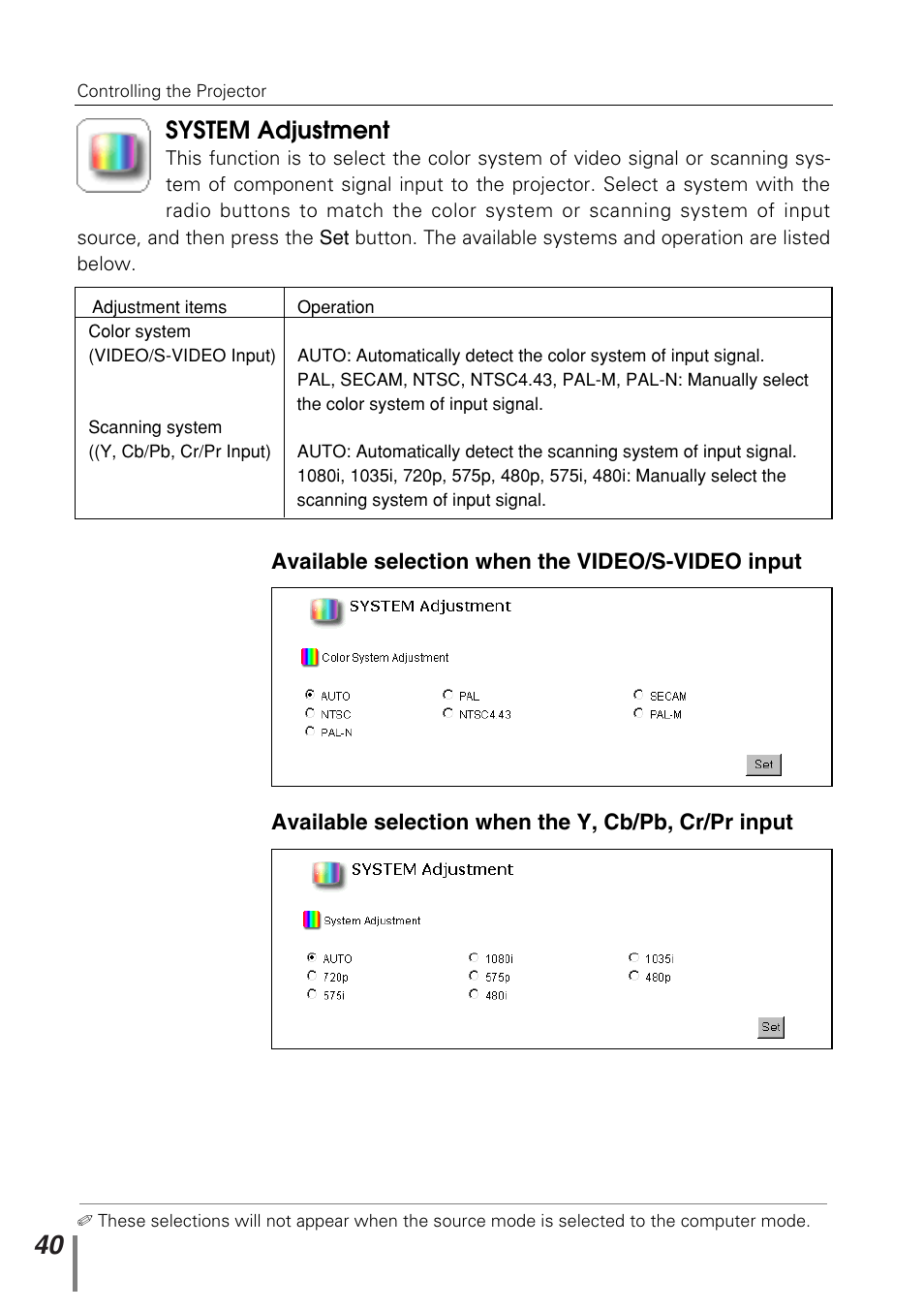 System adjustment | Sanyo PJ-NET ORGANIZER POA-PN10 User Manual | Page 40 / 90