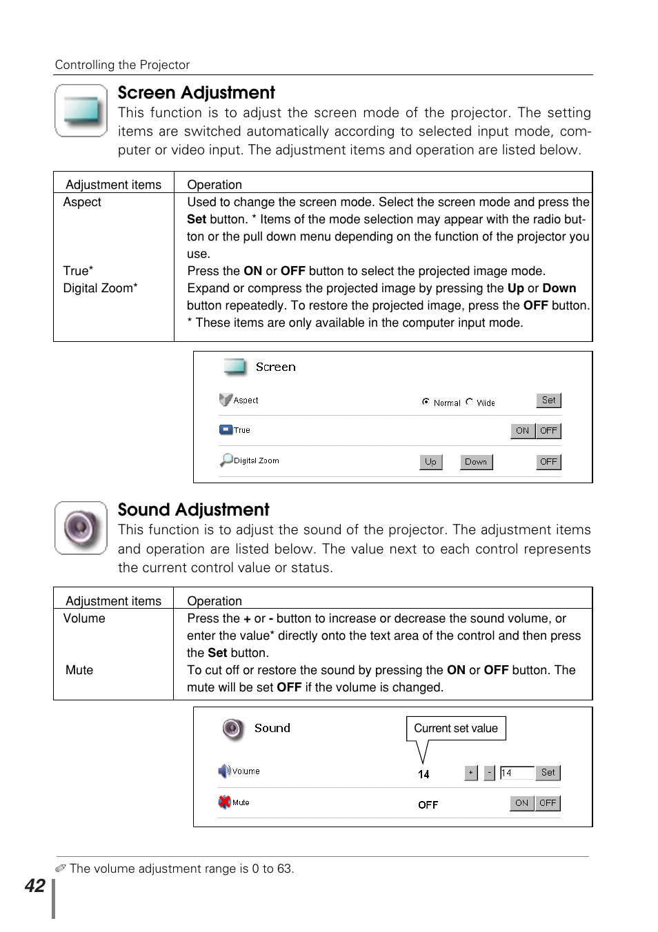 Screen adjustment, Sound adjustment | Sanyo PJ-NET ORGANIZER POA-PN10 User Manual | Page 42 / 90