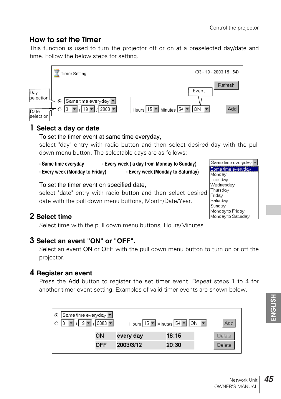 How to set the timer | Sanyo PJ-NET ORGANIZER POA-PN10 User Manual | Page 45 / 90