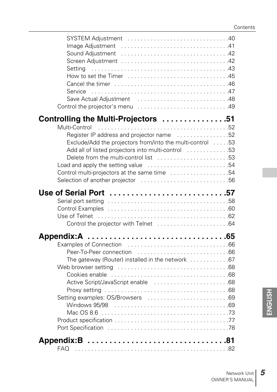 Controlling the multi-projectors, Use of serial port, Appendix:a | Appendix:b | Sanyo PJ-NET ORGANIZER POA-PN10 User Manual | Page 5 / 90