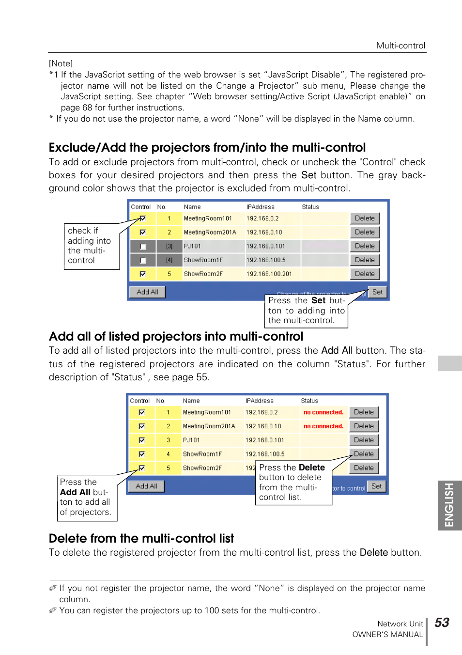 Add all of listed projectors into multi-control, Delete from the multi-control list | Sanyo PJ-NET ORGANIZER POA-PN10 User Manual | Page 53 / 90