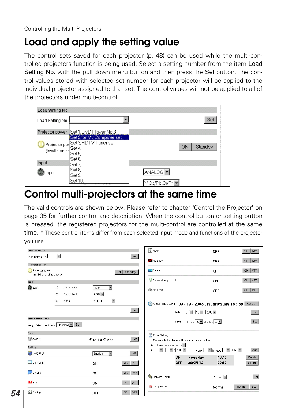 Load and apply the setting value, Control multi-projectors at the same time | Sanyo PJ-NET ORGANIZER POA-PN10 User Manual | Page 54 / 90