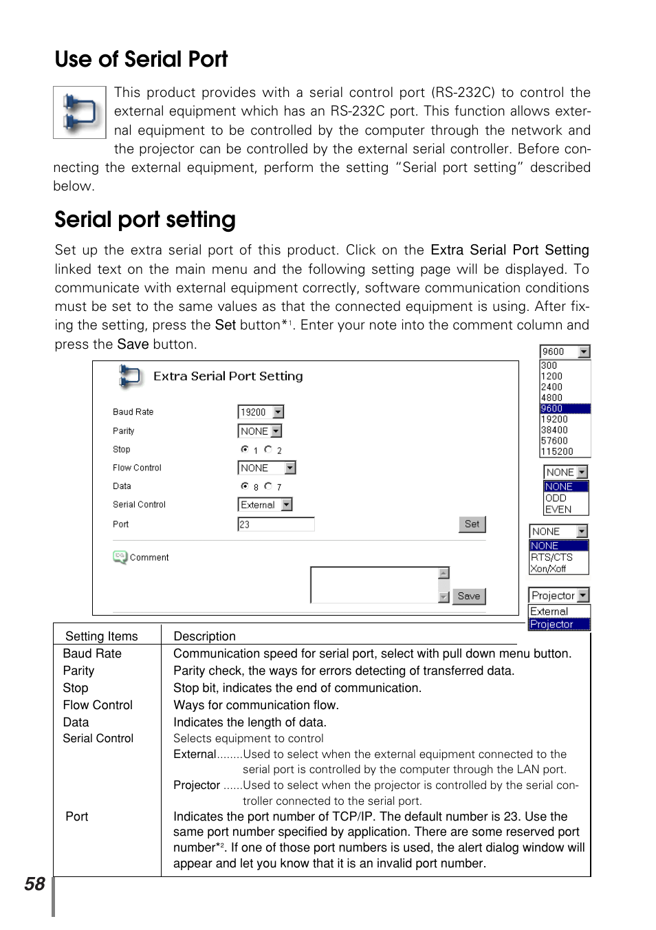 Use of serial port serial port setting | Sanyo PJ-NET ORGANIZER POA-PN10 User Manual | Page 58 / 90