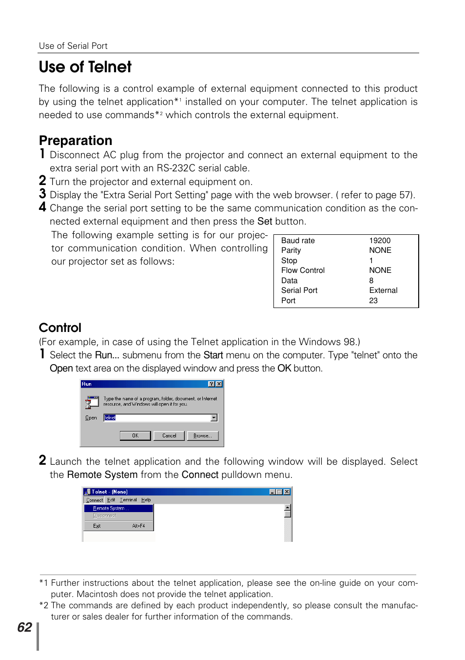 Use of telnet, Preparation 1, Control | Sanyo PJ-NET ORGANIZER POA-PN10 User Manual | Page 62 / 90