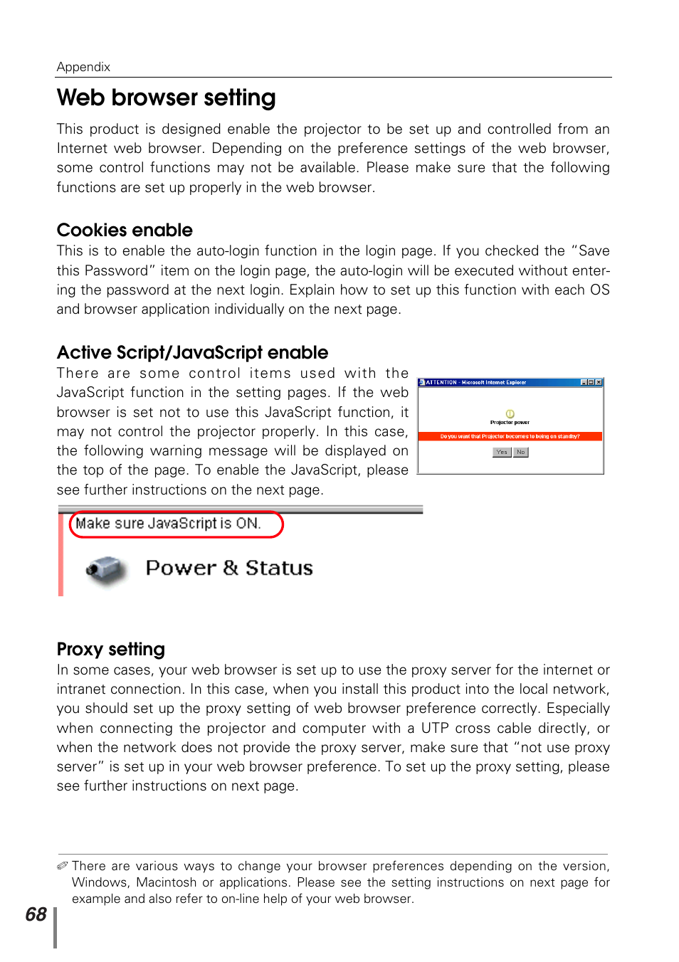 Web browser setting | Sanyo PJ-NET ORGANIZER POA-PN10 User Manual | Page 68 / 90