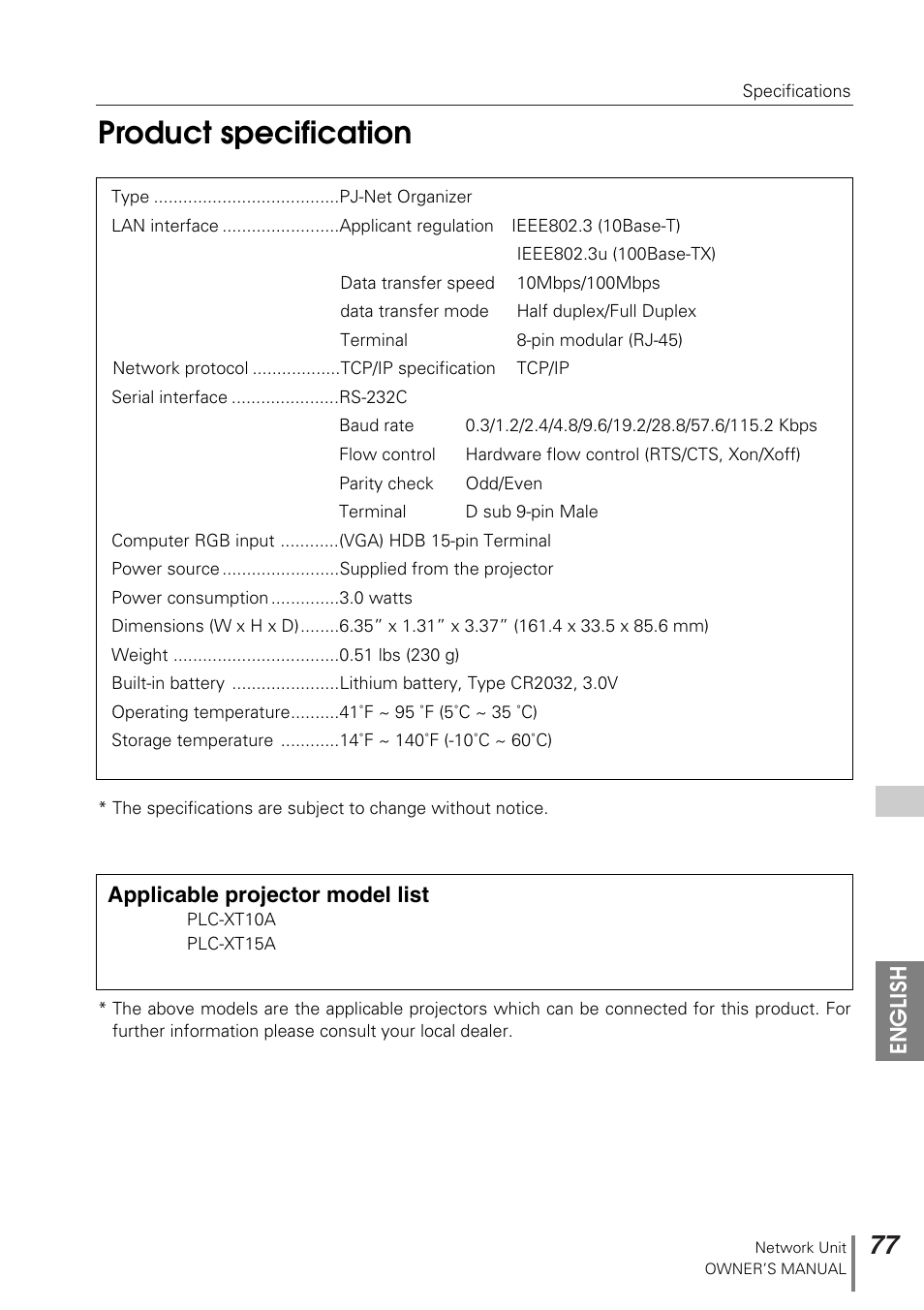 Product specification | Sanyo PJ-NET ORGANIZER POA-PN10 User Manual | Page 77 / 90