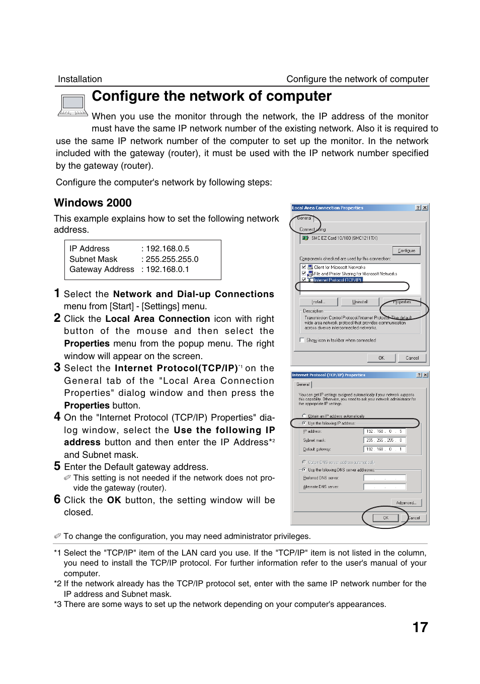 Configure the network of computer, Windows 2000 | Sanyo POA-LN01 User Manual | Page 17 / 52