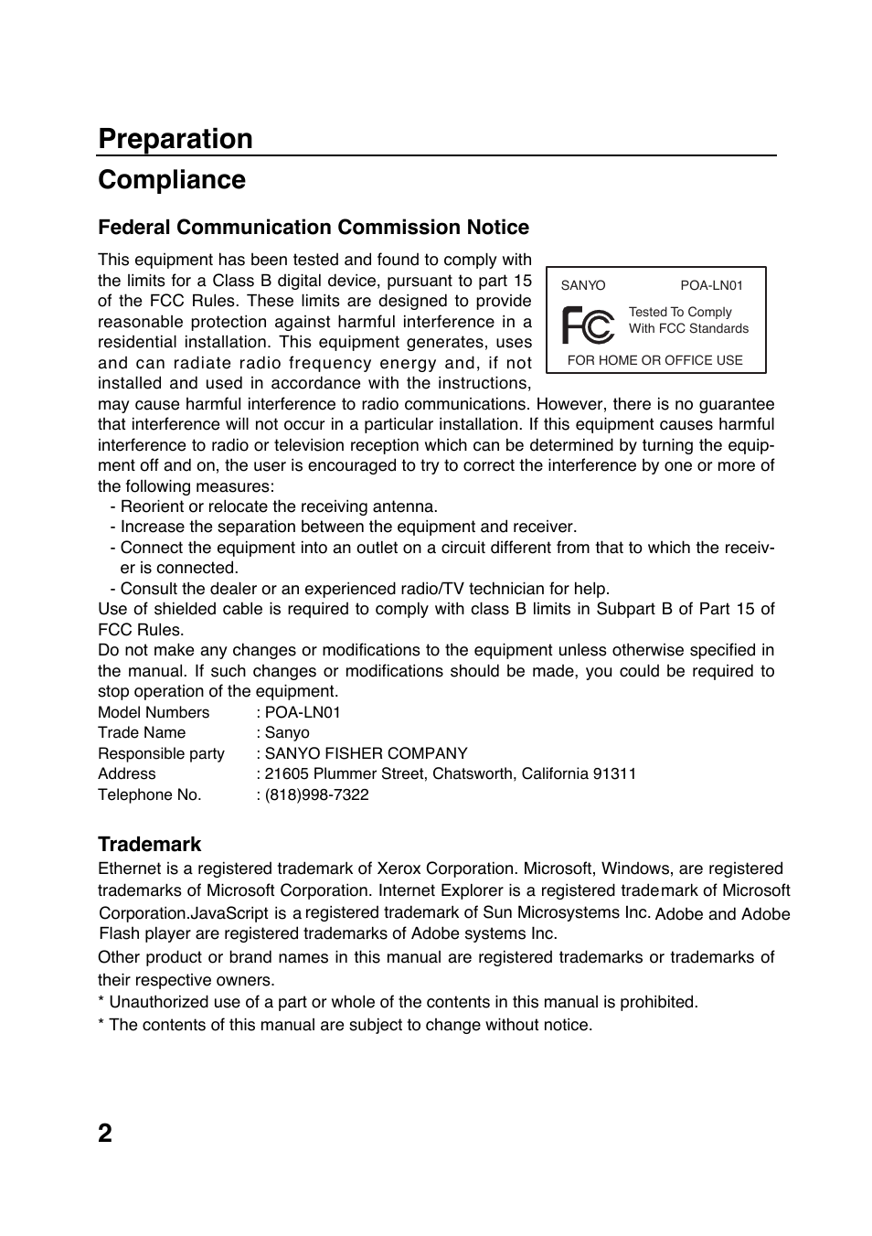 Preparation, Compliance, Federal communication commission notice | Trademark | Sanyo POA-LN01 User Manual | Page 2 / 52