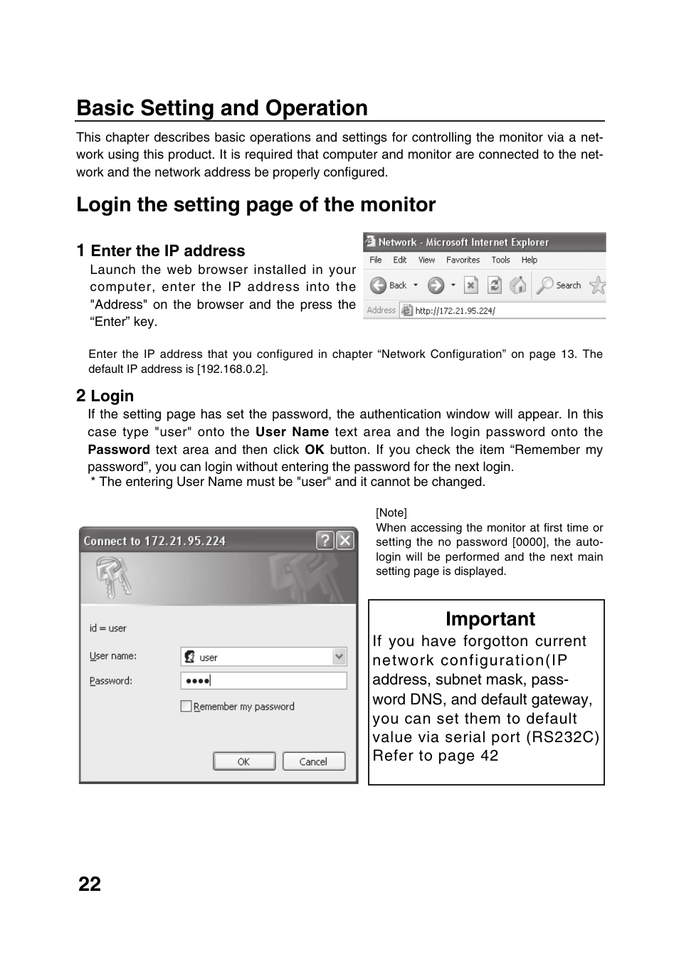 Basic setting and operation, Login the setting page of the monitor, Important | Sanyo POA-LN01 User Manual | Page 22 / 52