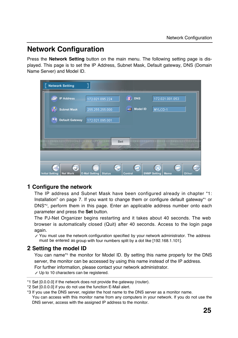 25 network configuration, Configure the network, Setting the model id | Sanyo POA-LN01 User Manual | Page 25 / 52