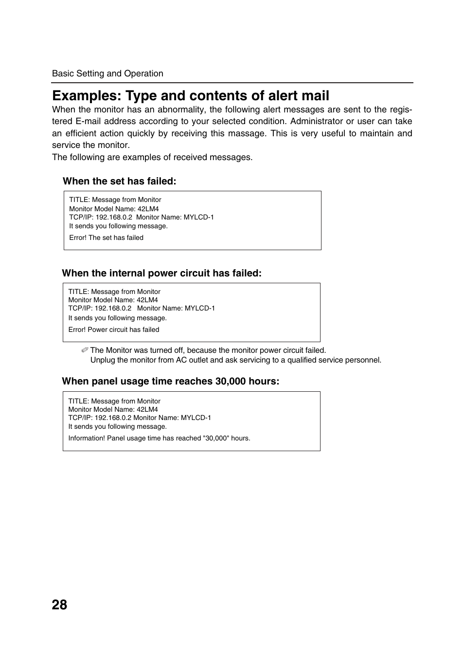 Examples: type and contents of alert mail | Sanyo POA-LN01 User Manual | Page 28 / 52