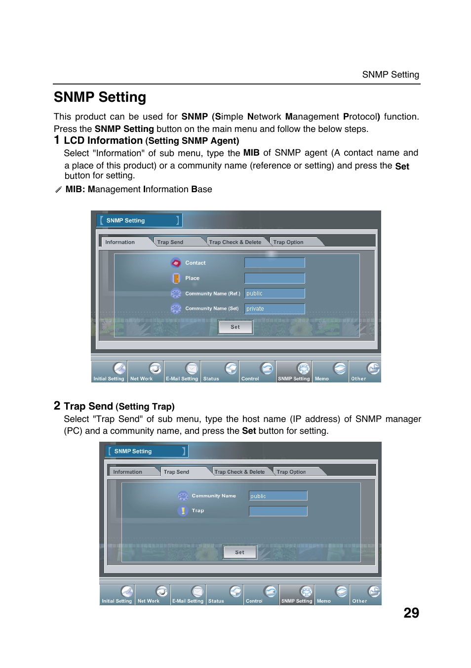 Snmp setting | Sanyo POA-LN01 User Manual | Page 29 / 52