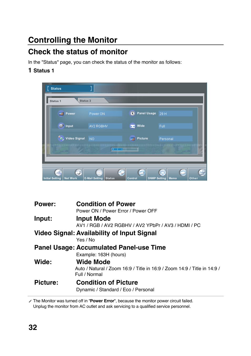 Controlling the monitor, Check the status of monitor | Sanyo POA-LN01 User Manual | Page 32 / 52