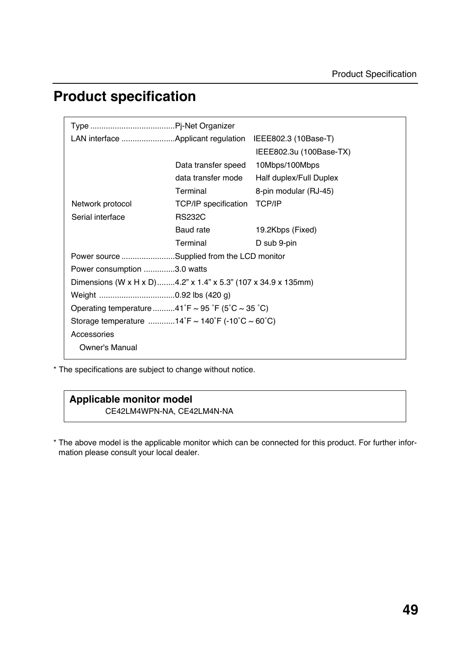 Product specification | Sanyo POA-LN01 User Manual | Page 49 / 52