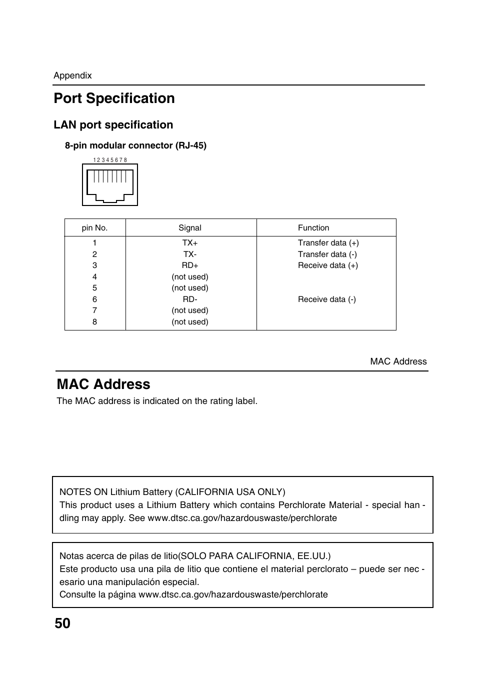 Port specification, Mac address, Lan port specification | Sanyo POA-LN01 User Manual | Page 50 / 52