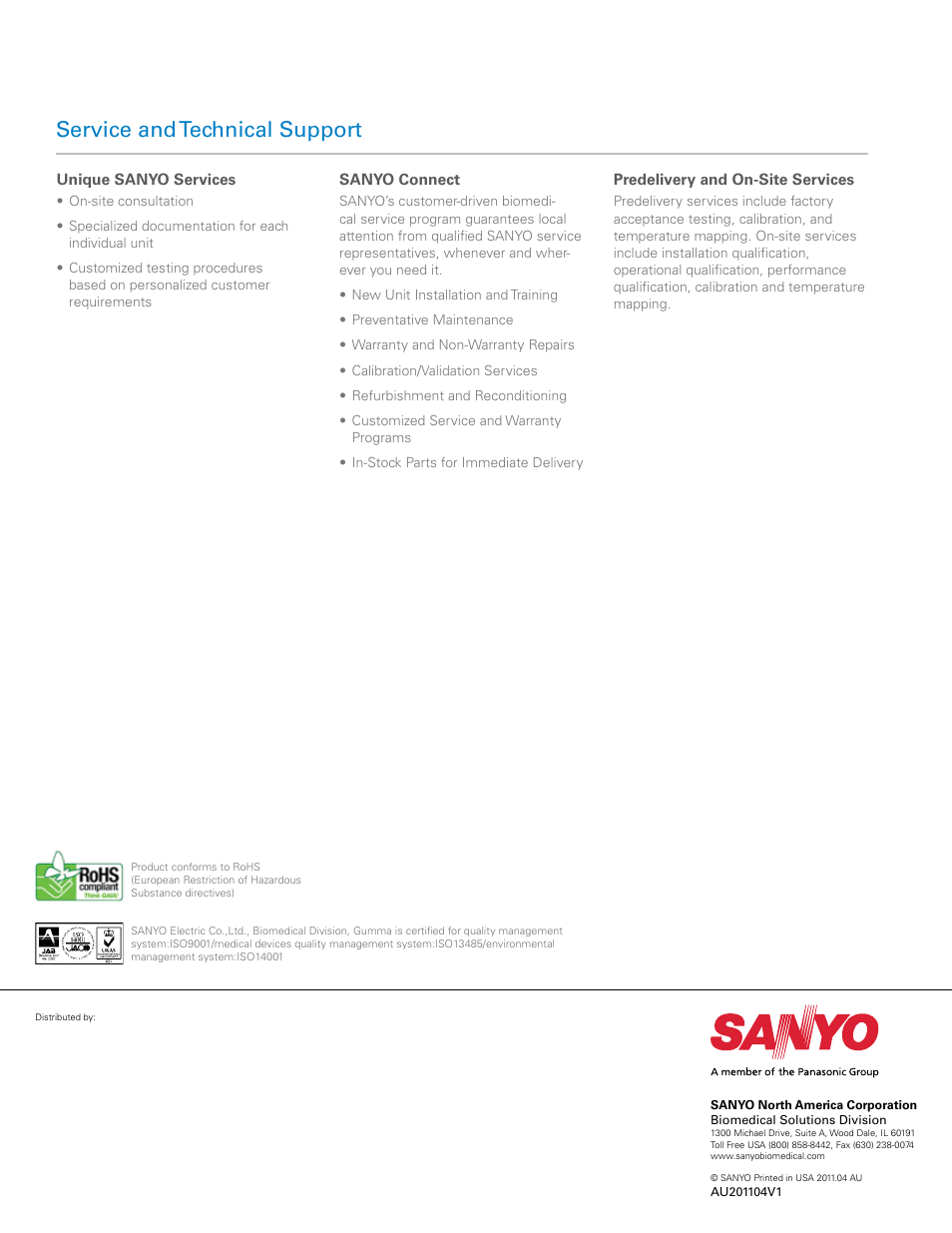 Service and technical support | Sanyo MDF-U500VXC User Manual | Page 16 / 16
