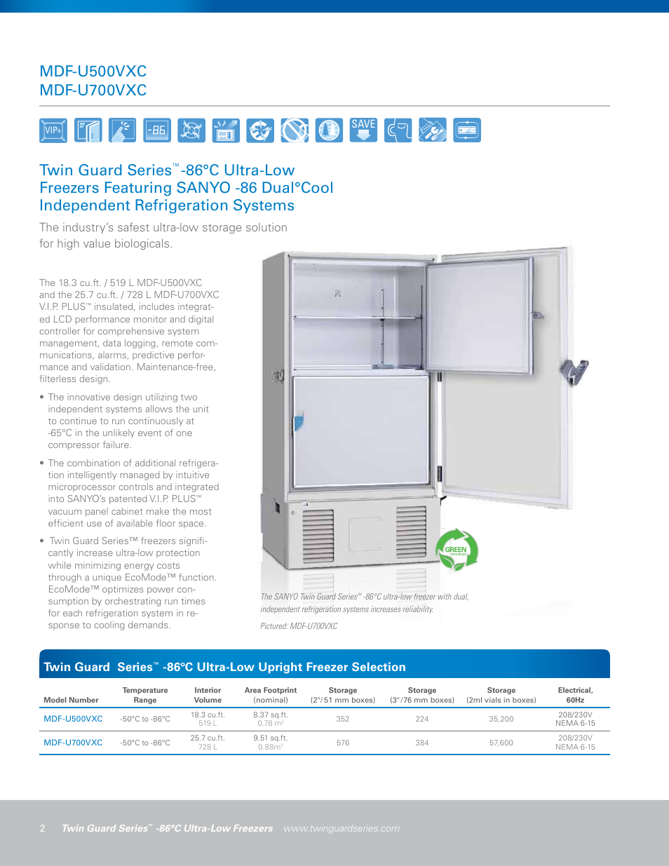 Twin guard series, 86ºc ultra-low upright freezer selection, Save | 2 twin guard series, The sanyo twin guard series | Sanyo MDF-U500VXC User Manual | Page 2 / 16