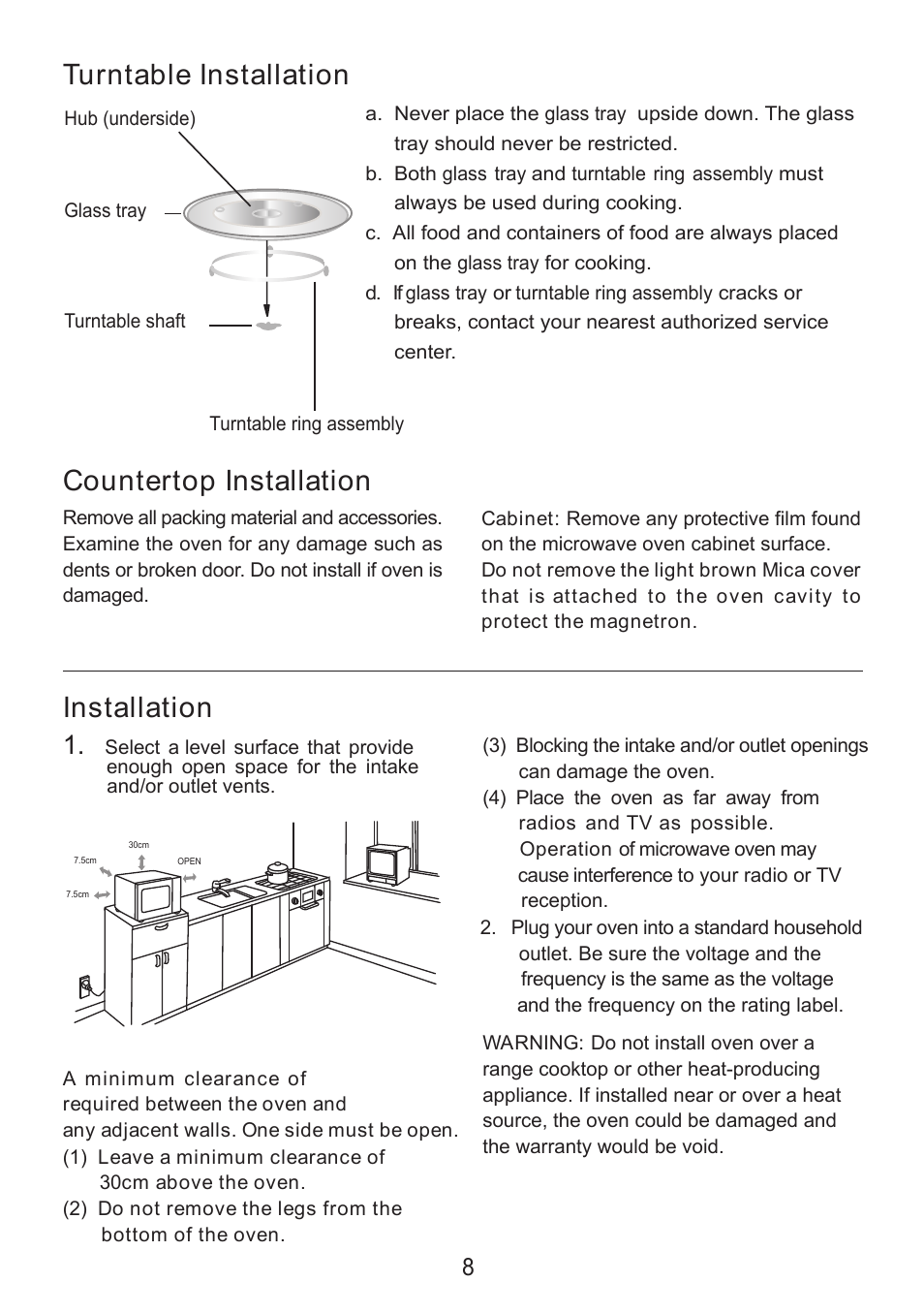 Installation, Countertop installation, Turntable installation | Sanyo EM-S8586V User Manual | Page 9 / 19