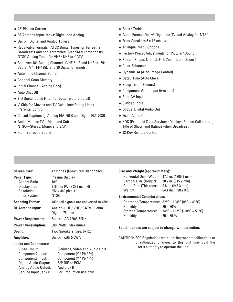 Features specifications | Sanyo DP42545 User Manual | Page 4 / 63