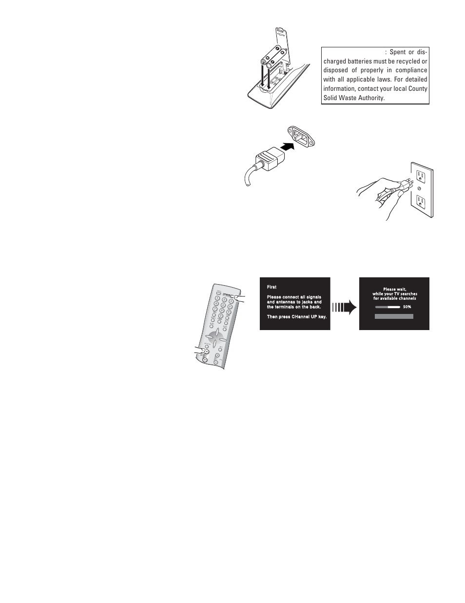 Channel search (required set-up), Install batteries, Connect ac power cord | Auto date and time setting, Antenna selection, Optional) | Sanyo DP42545 User Manual | Page 8 / 63