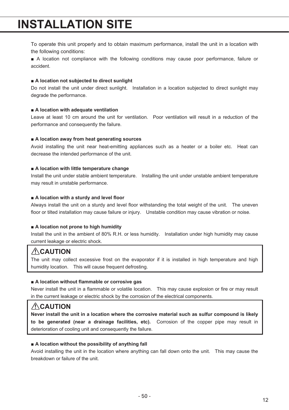 Installation site, Caution | Sanyo MPR-1411R User Manual | Page 13 / 41