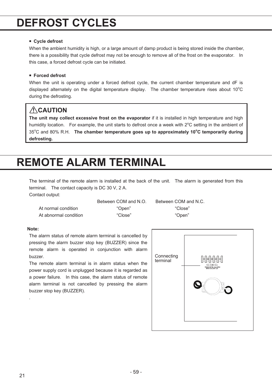 Defrost cycles, Remote alarm terminal, Caution | Sanyo MPR-1411R User Manual | Page 22 / 41