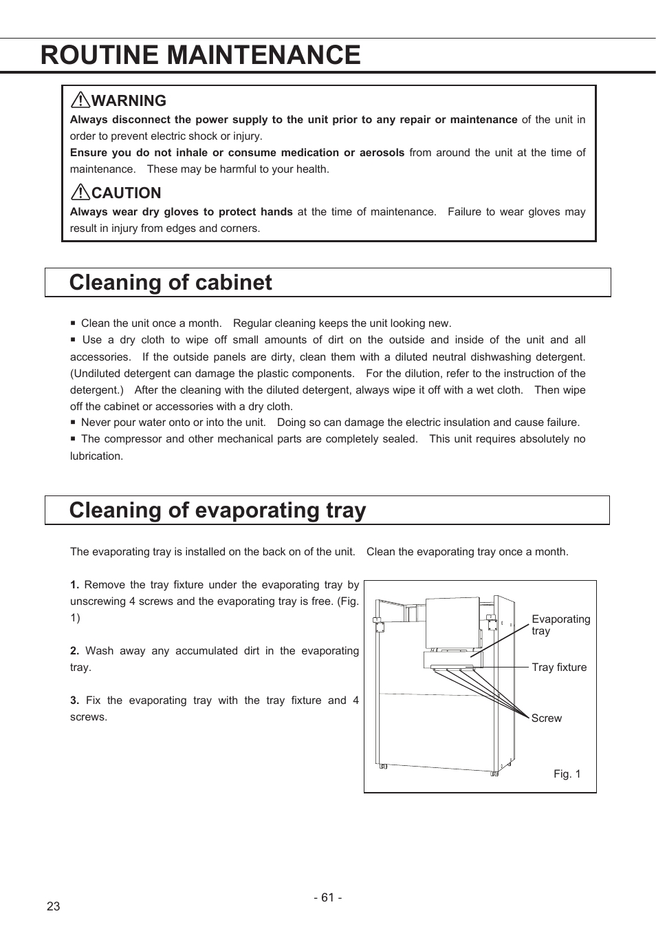 Routine maintenance, Cleaning of cabinet, Cleaning of evaporating tray | Warning, Caution | Sanyo MPR-1411R User Manual | Page 24 / 41